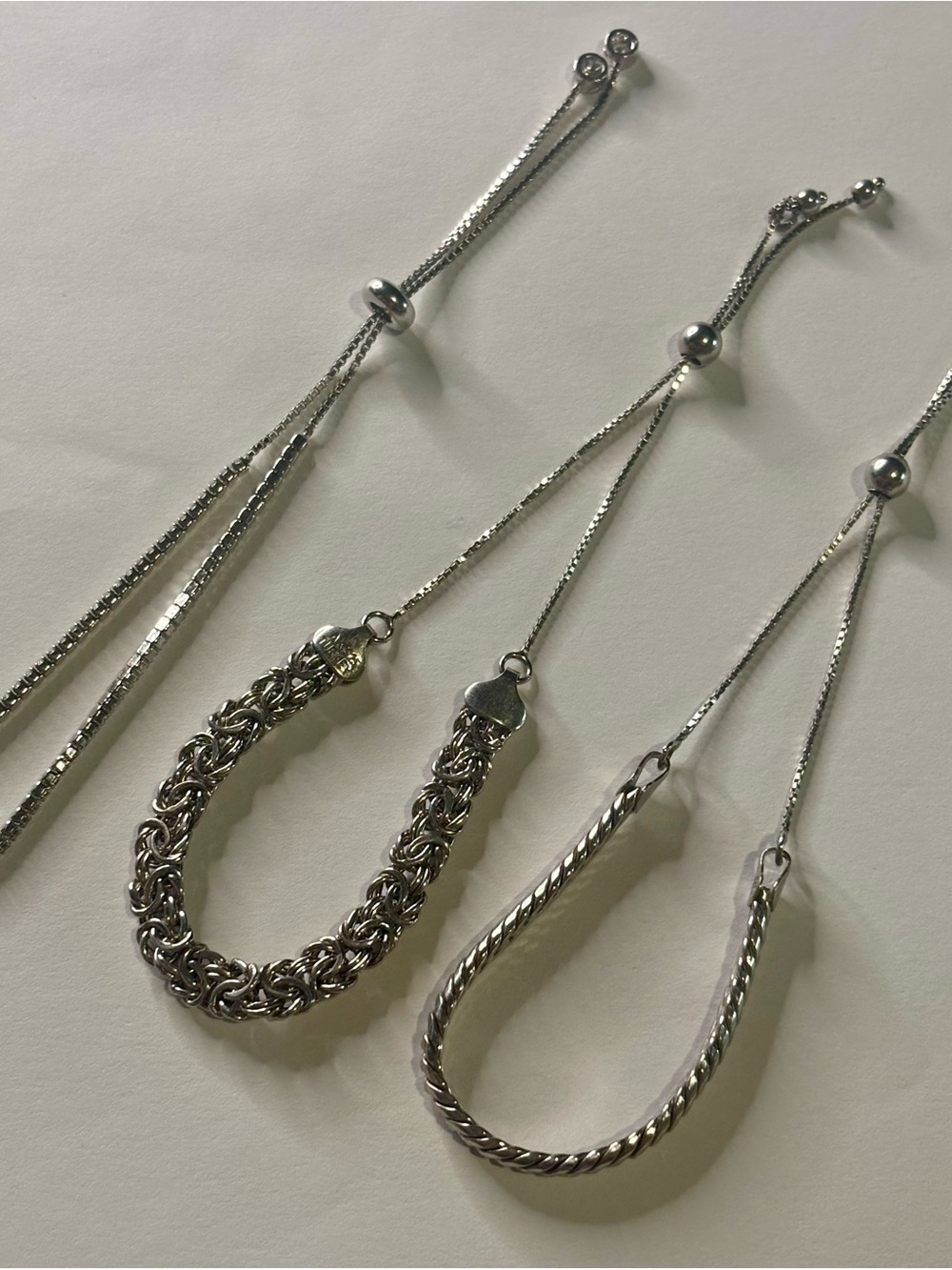 Set of 3 Solid 925 Sterling Silver Adjustable Bolo Slider Bracelets